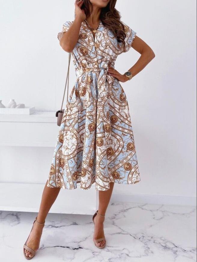 neck V Short sleeved Shirt Dress