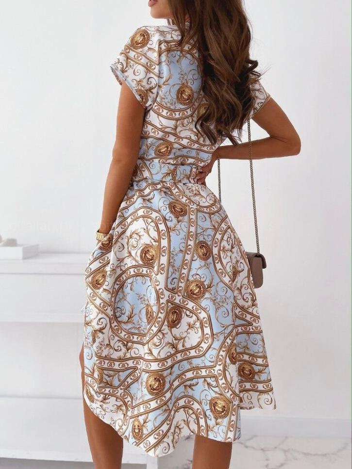 neck V Short sleeved Shirt Dress