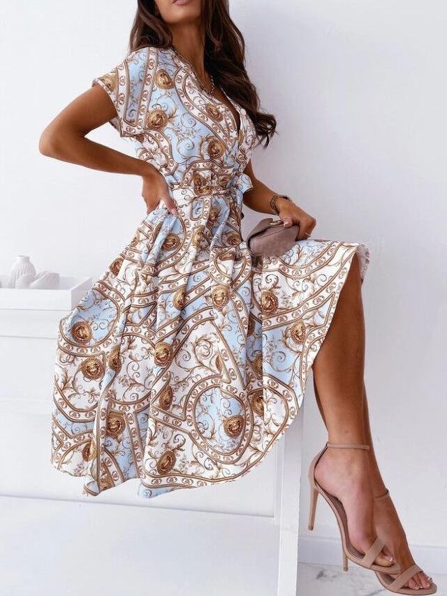 neck V Short sleeved Shirt Dress