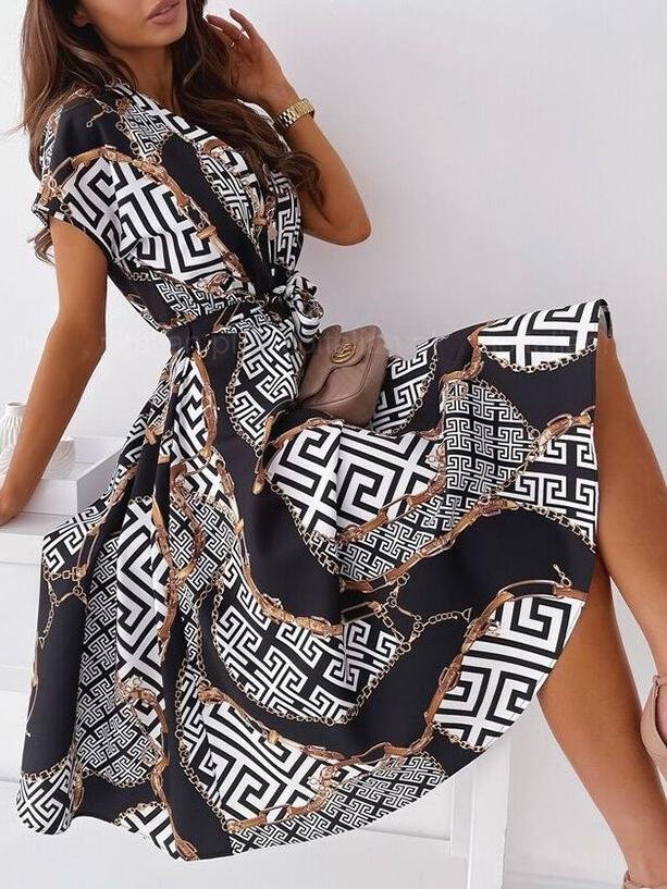 neck V Short sleeved Shirt Dress