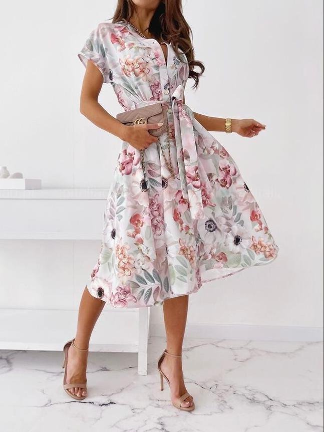 neck V Short sleeved Shirt Dress