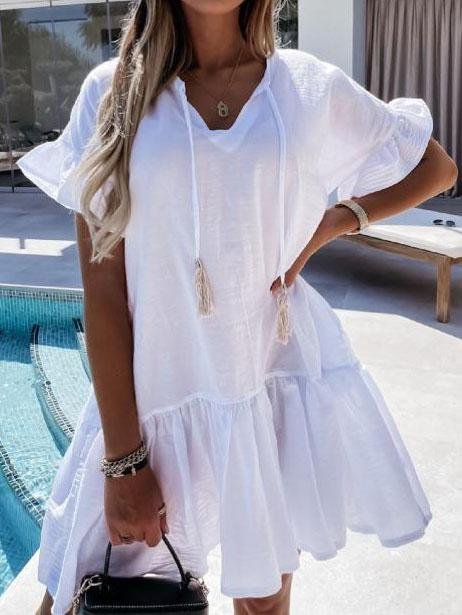 neck V Short sleeved Solid Color Short Dress