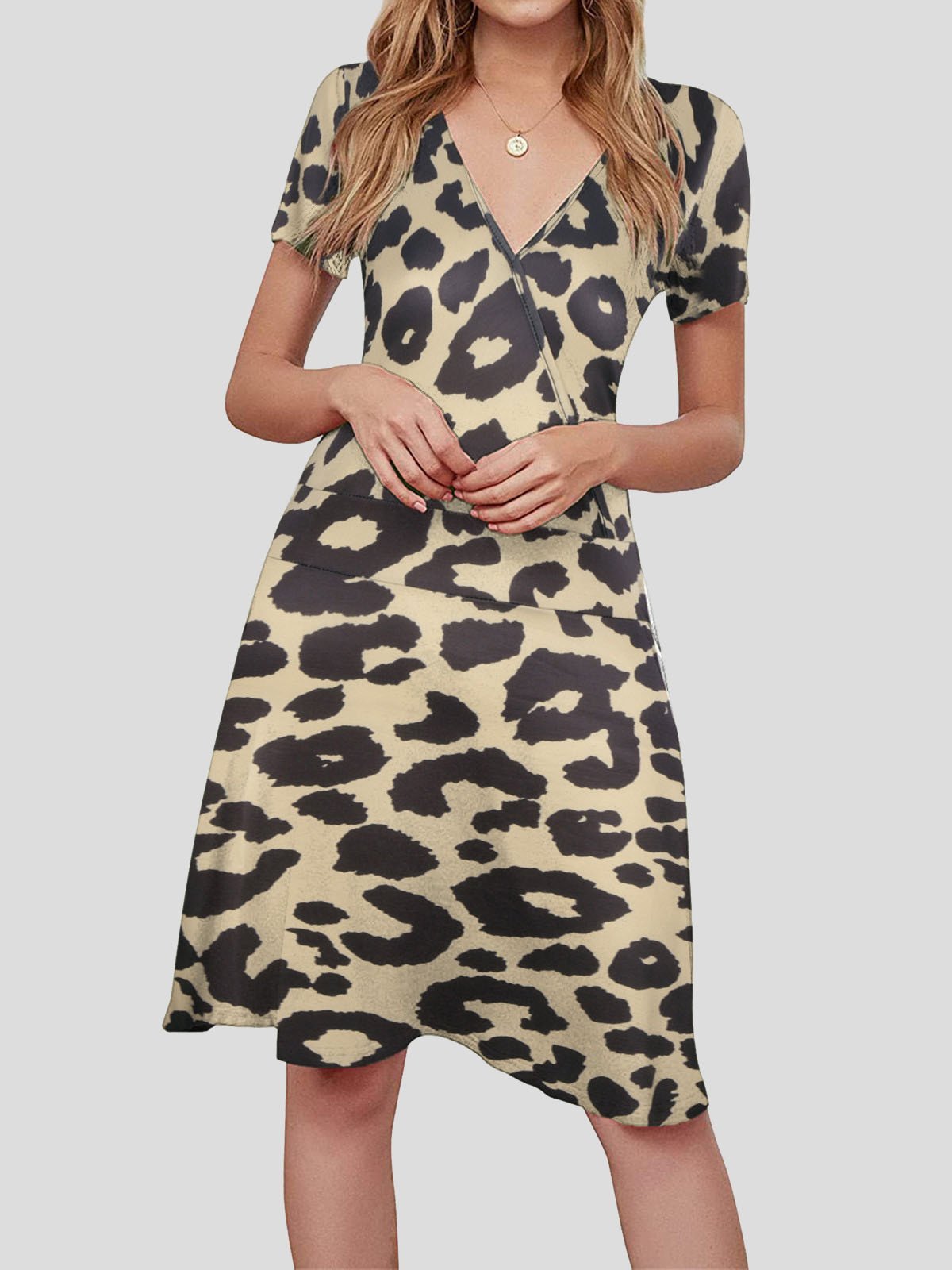 neck V Short sleeved Sun Flower Print Dress