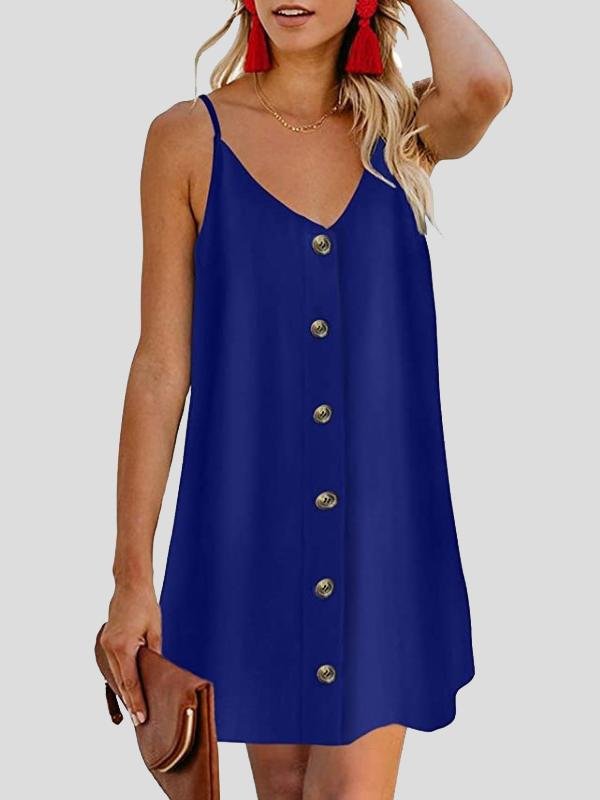 neck V Single breasted Sleeveless Suspender Dress