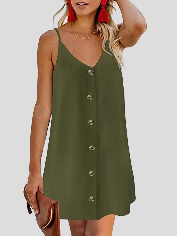 neck V Single breasted Sleeveless Suspender Dress