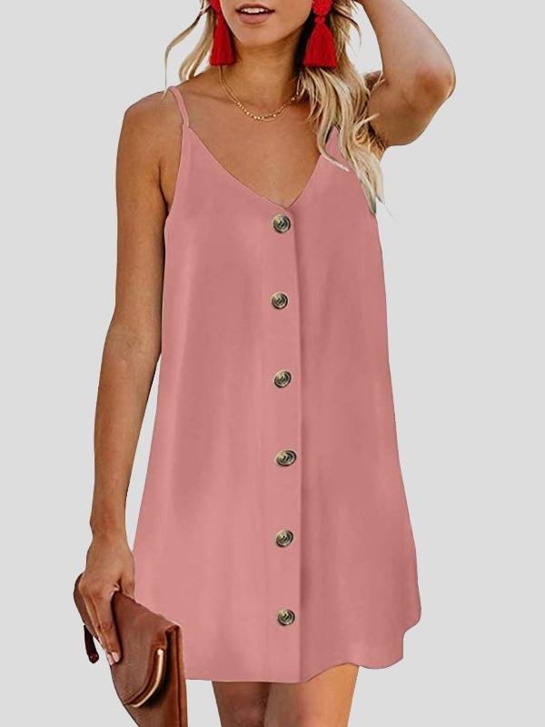 neck V Single breasted Sleeveless Suspender Dress