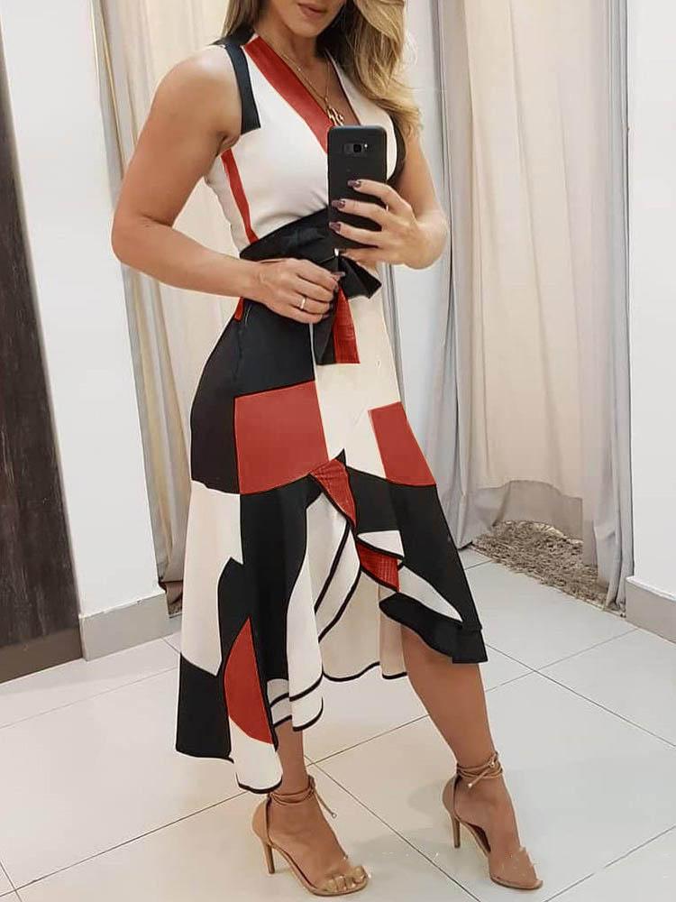 neck V Sleeveless Contrast Print Ladies Dress