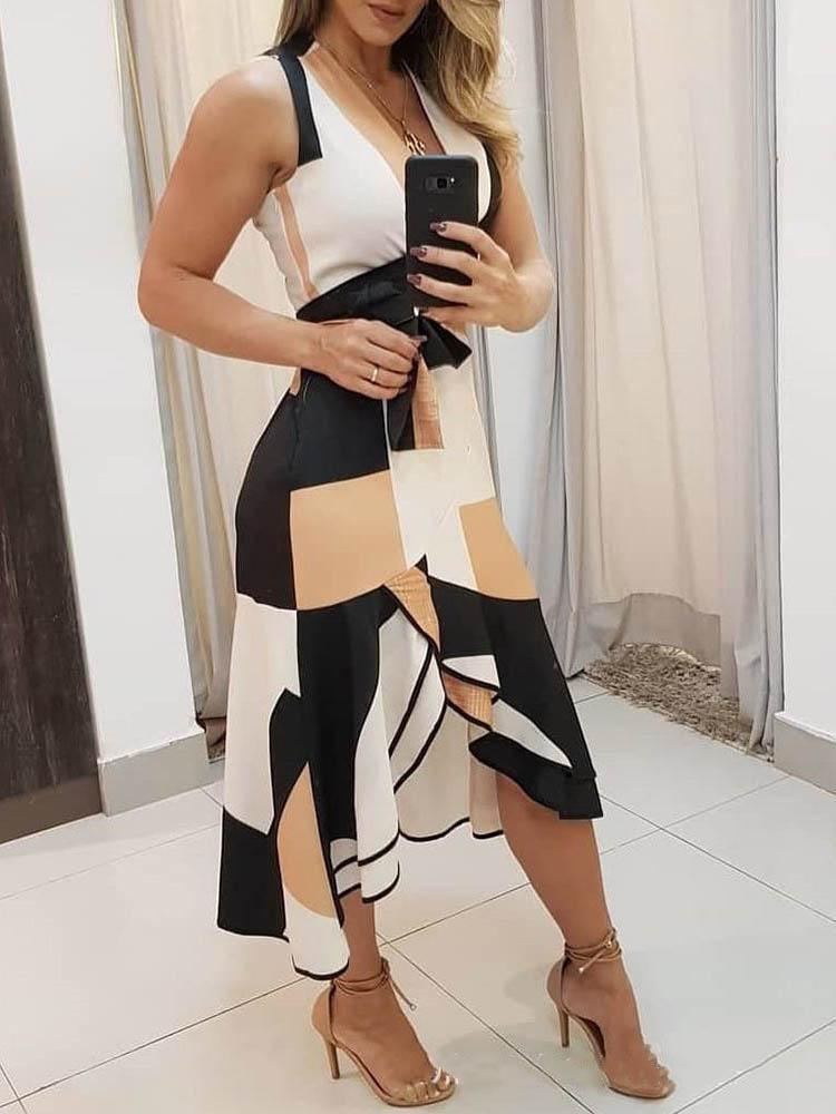 neck V Sleeveless Contrast Print Ladies Dress