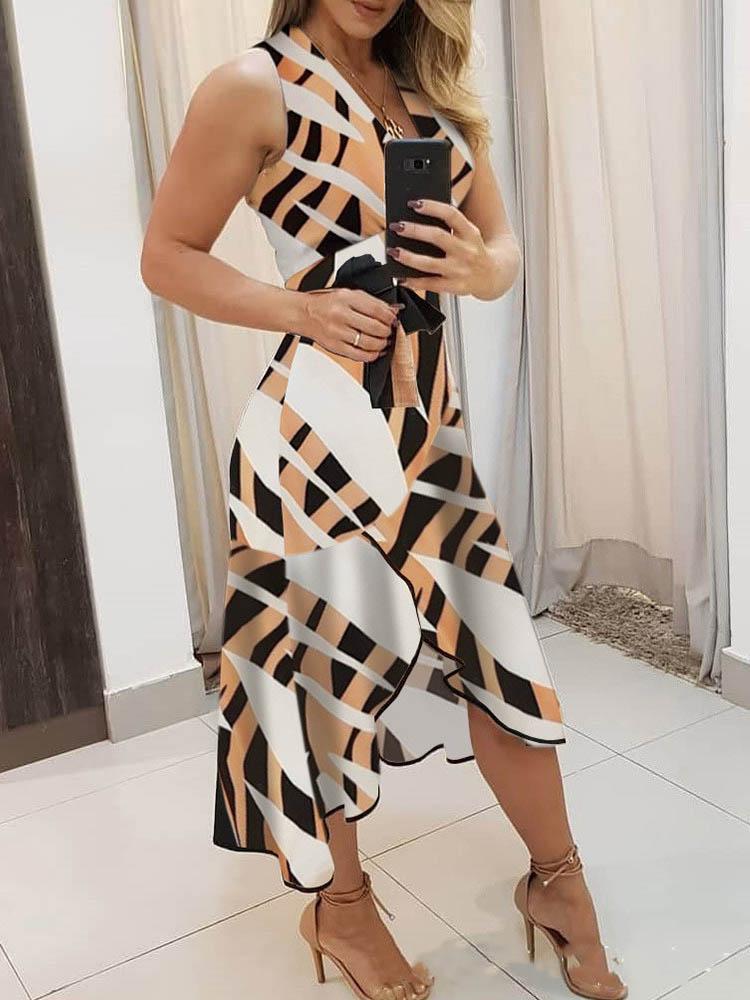 neck V Sleeveless Contrast Print Ladies Dress