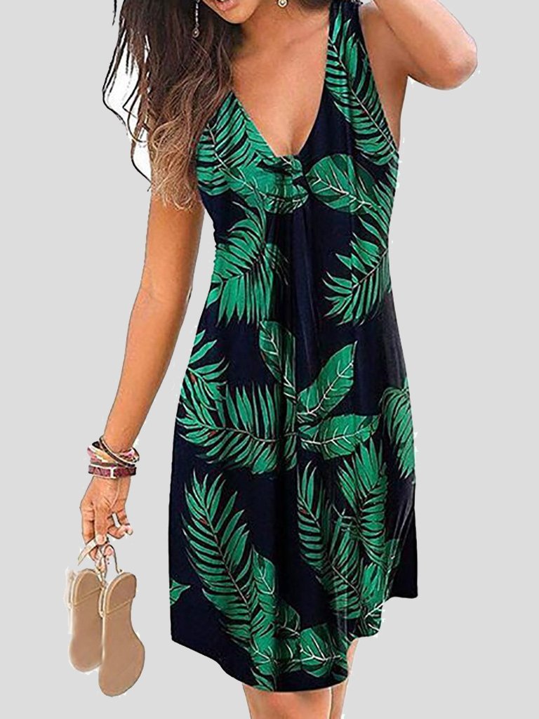 neck V Sleeveless Print Mini Dress