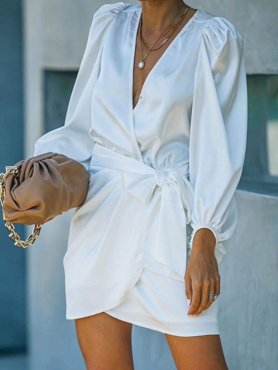 V Neck Tailored Lantern Sleeve Mini Dress
