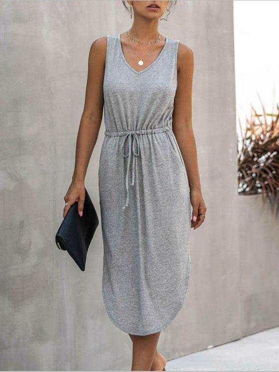 neck V Solid Color Irregular Waist Round Neck Vest Dress