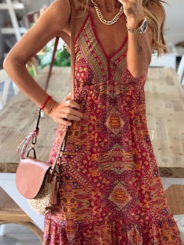 V neck Strap Bohemian Holiday Print Dress