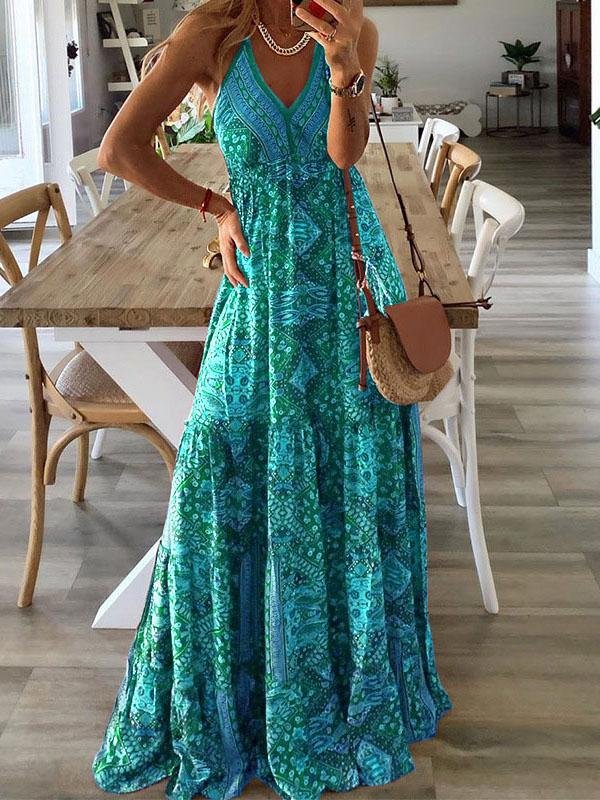 V neck Strap Bohemian Holiday Print Dress