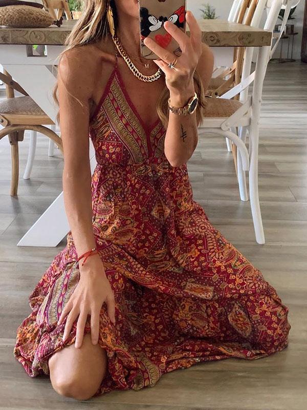 V neck Strap Bohemian Holiday Print Dress