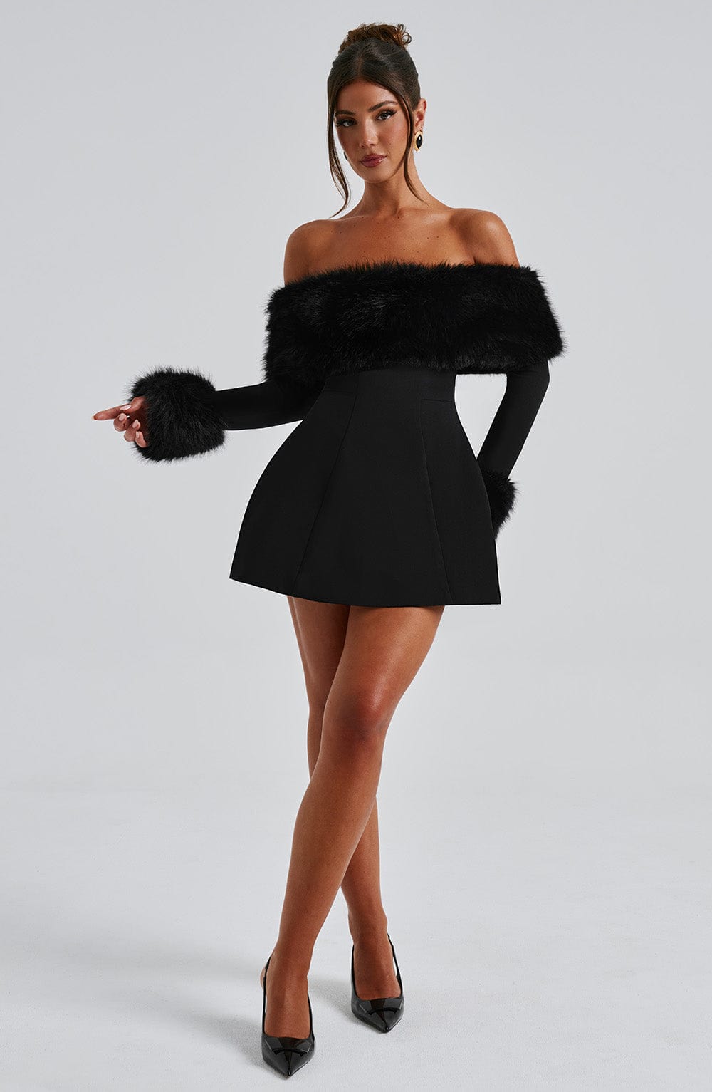 Off Rory Shoulder Fur Sleeve Mini Dress