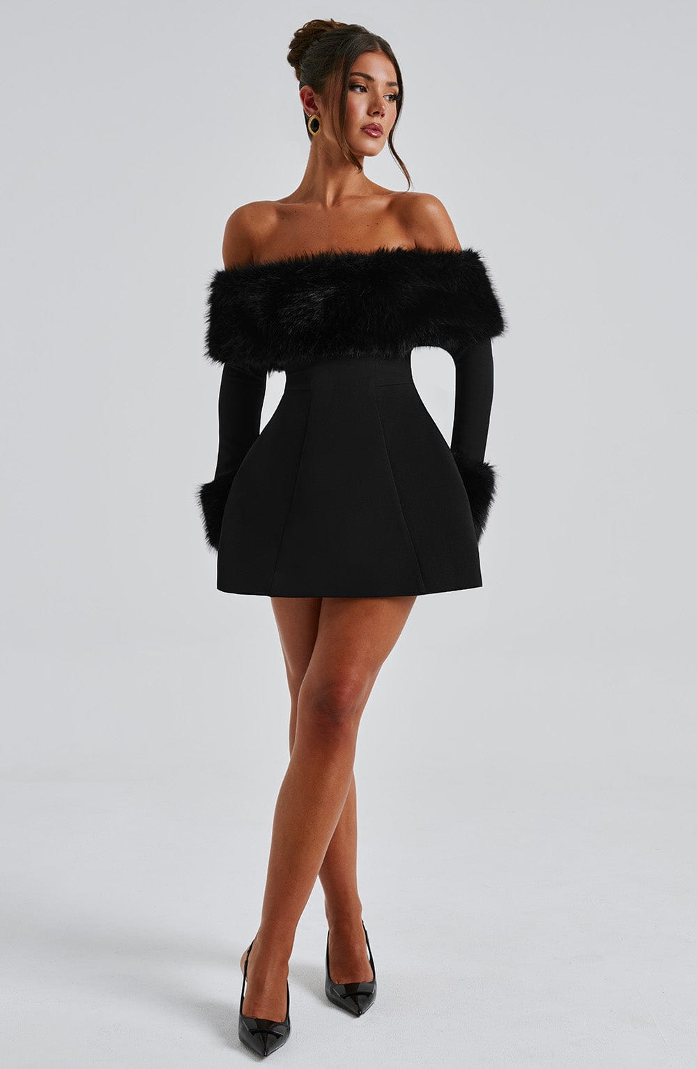 Off Rory Shoulder Fur Sleeve Mini Dress
