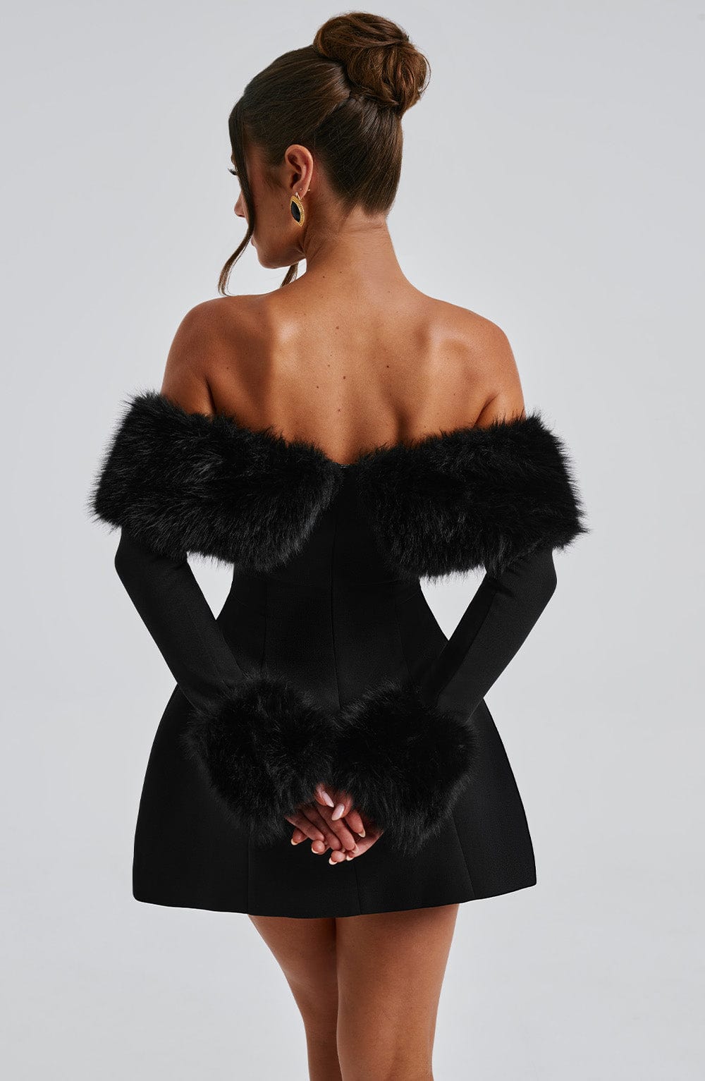 Off Rory Shoulder Fur Sleeve Mini Dress