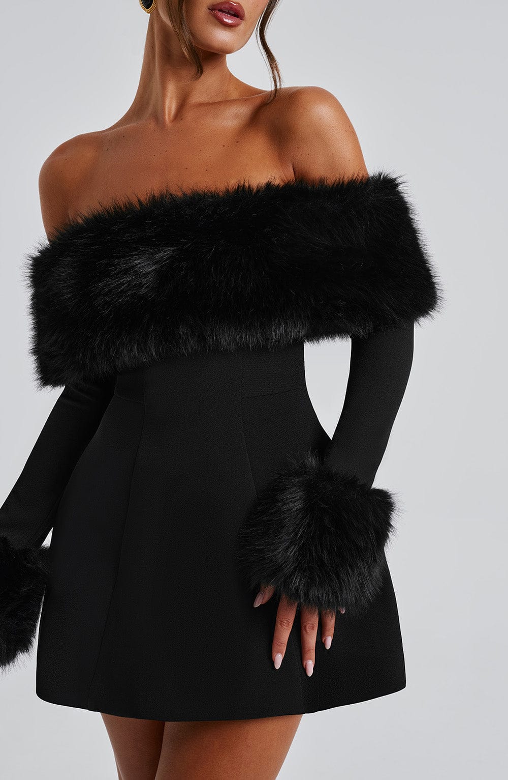 Off Rory Shoulder Fur Sleeve Mini Dress