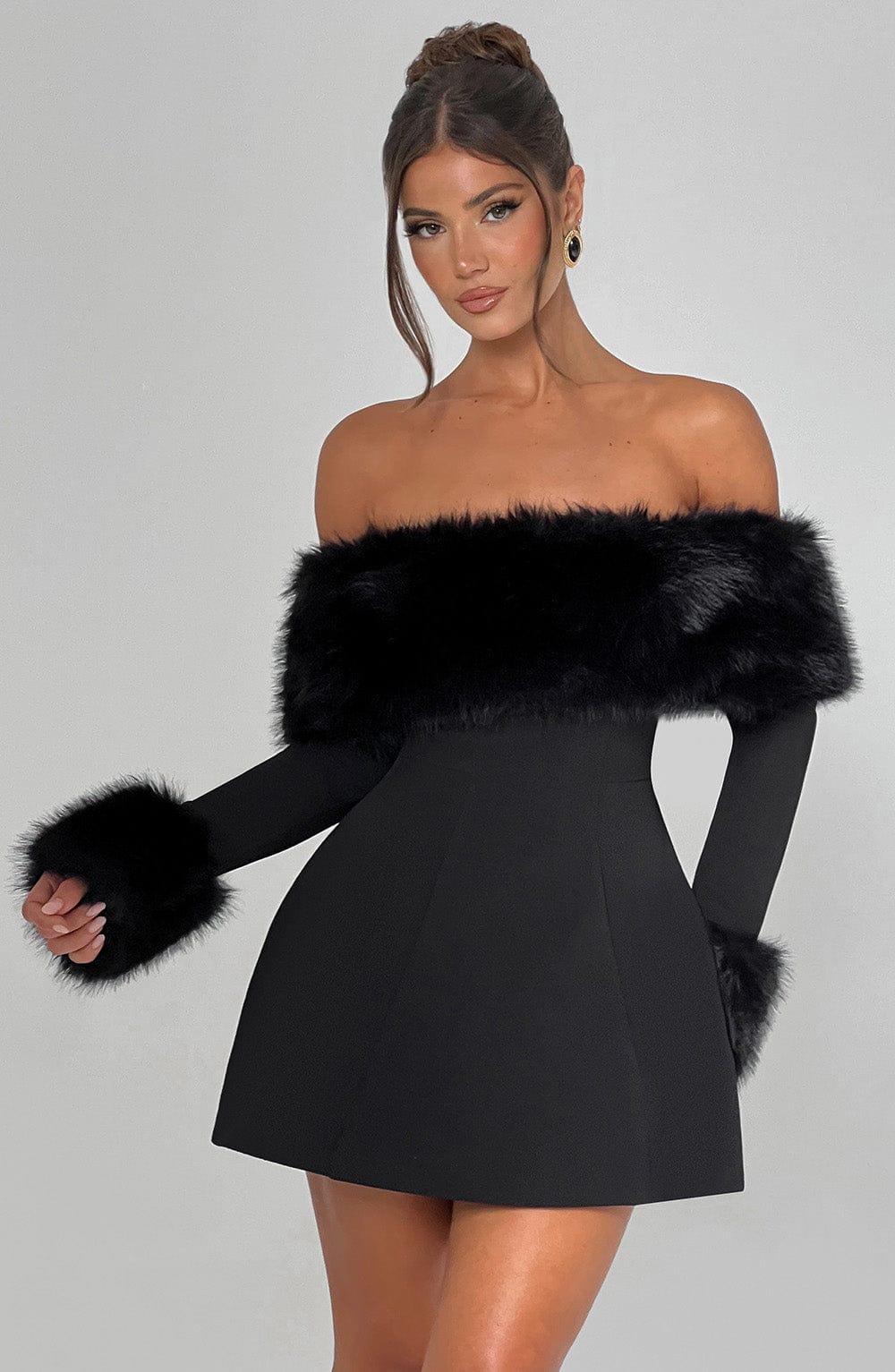 Off Rory Shoulder Fur Sleeve Mini Dress