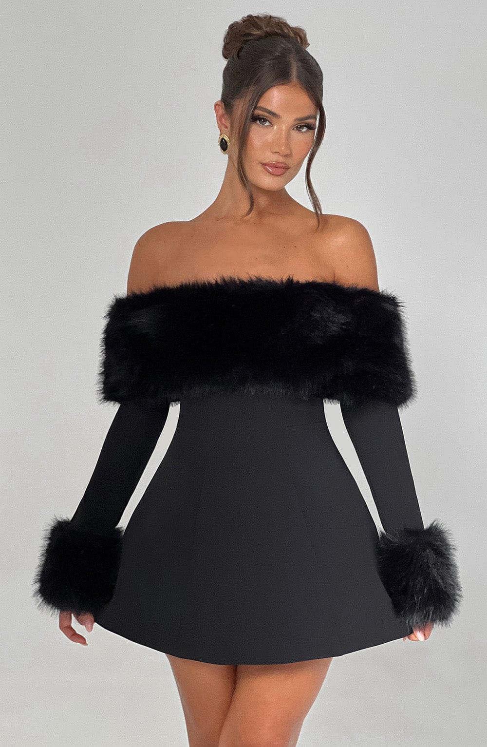 Off Rory Shoulder Fur Sleeve Mini Dress
