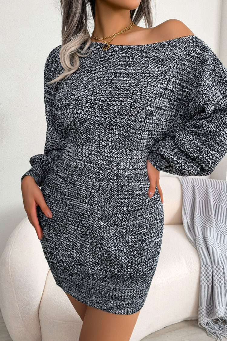 Retro Boat Neck Long Sleeve Marled Knit Sweater Mini Dress - Black