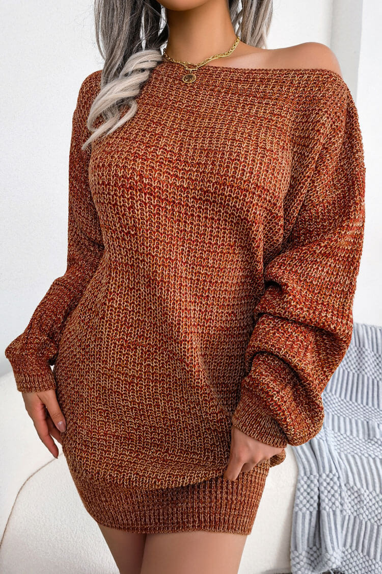Timeless Boat Neck Long Sleeve Marled Knit Sweater Mini Dress - Coffee