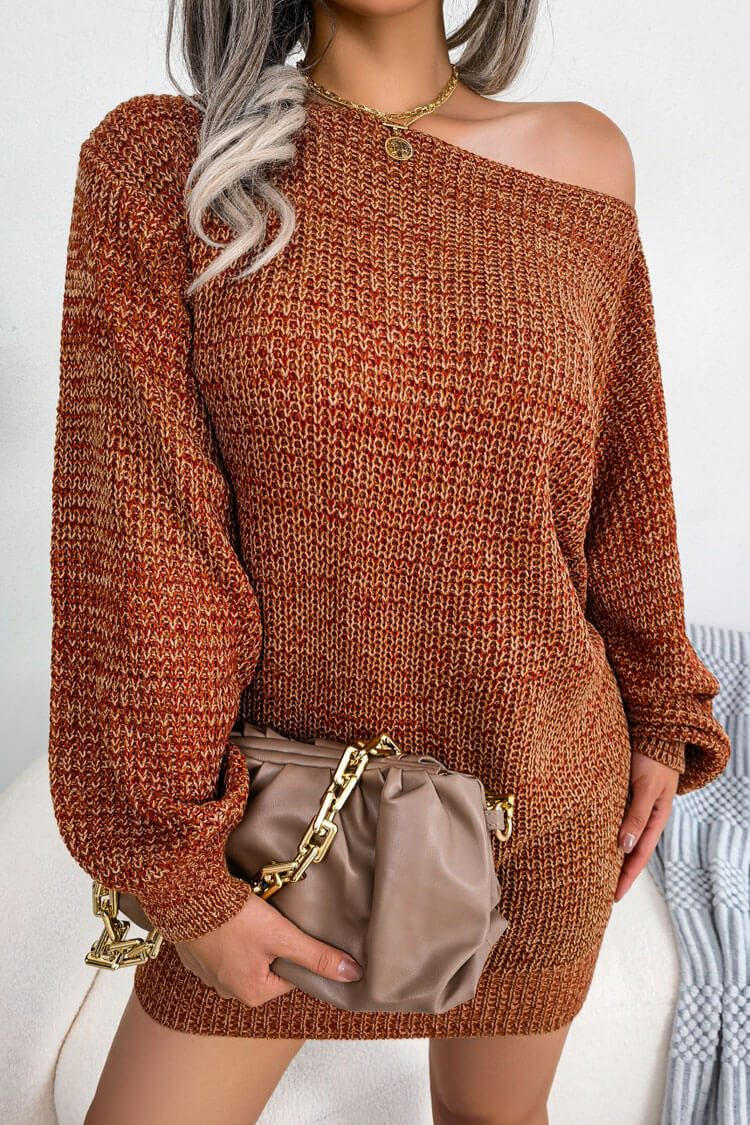 Timeless Boat Neck Long Sleeve Marled Knit Sweater Mini Dress - Coffee