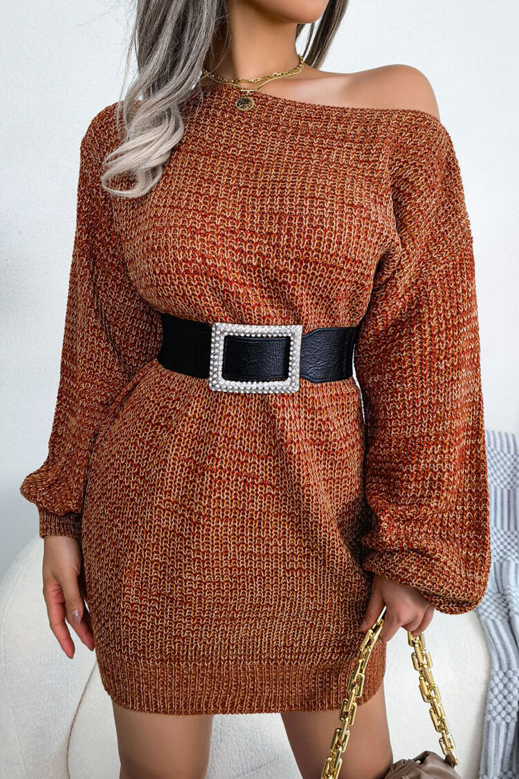 Timeless Boat Neck Long Sleeve Marled Knit Sweater Mini Dress - Coffee