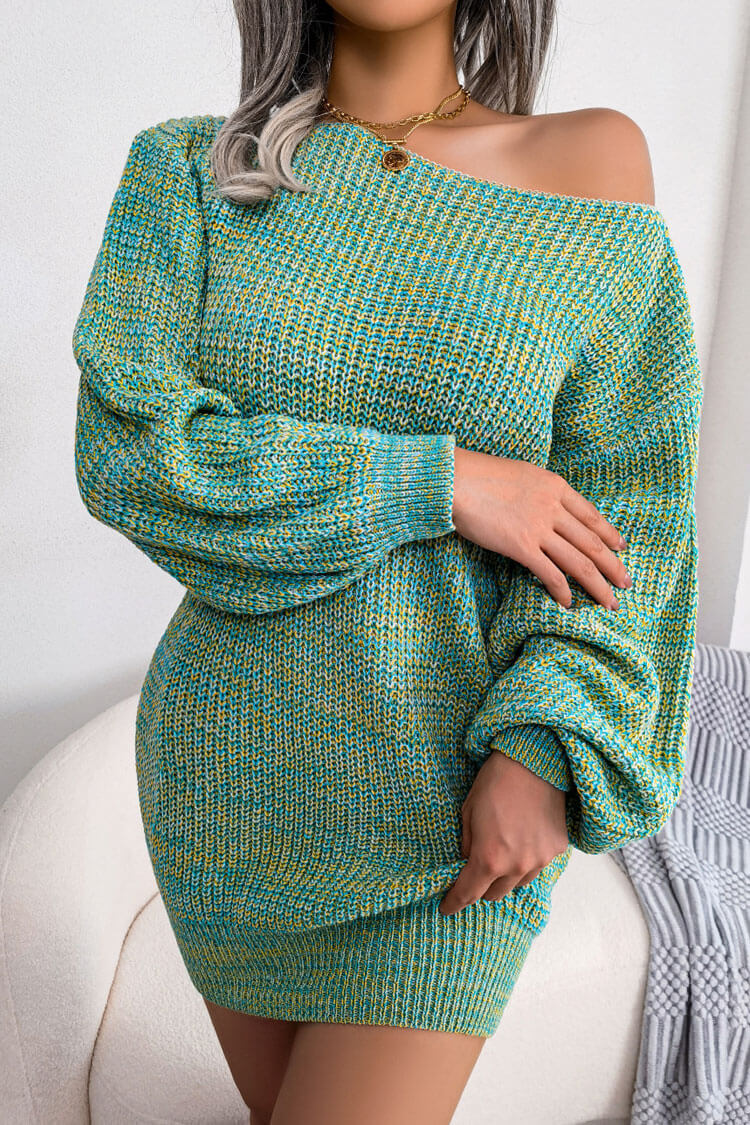 Classic Boat Neck Long Sleeve Marled Knit Sweater Mini Dress - Blue