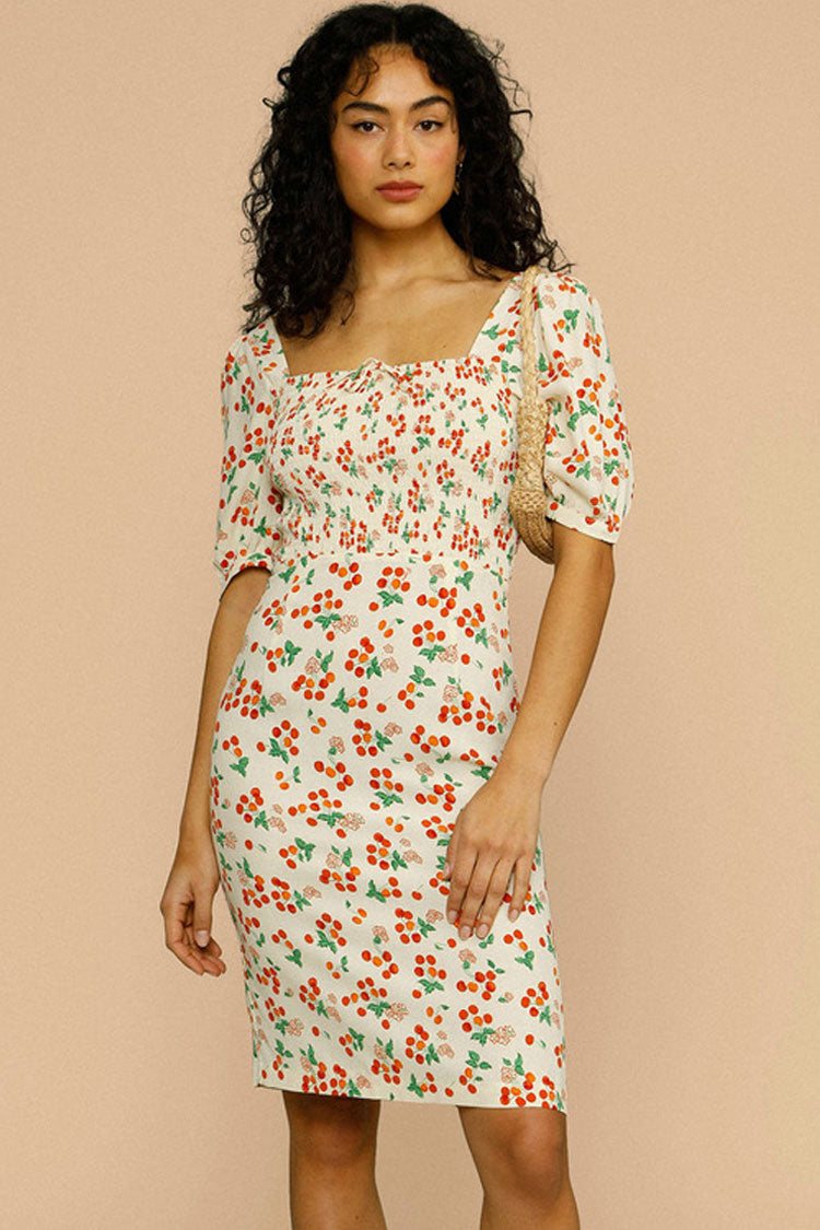 Classic Cherry Print Puff Sleeve French Printed Midi Dress - Cream
