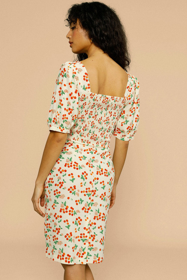 Classic Cherry Print Puff Sleeve French Printed Midi Dress - Cream