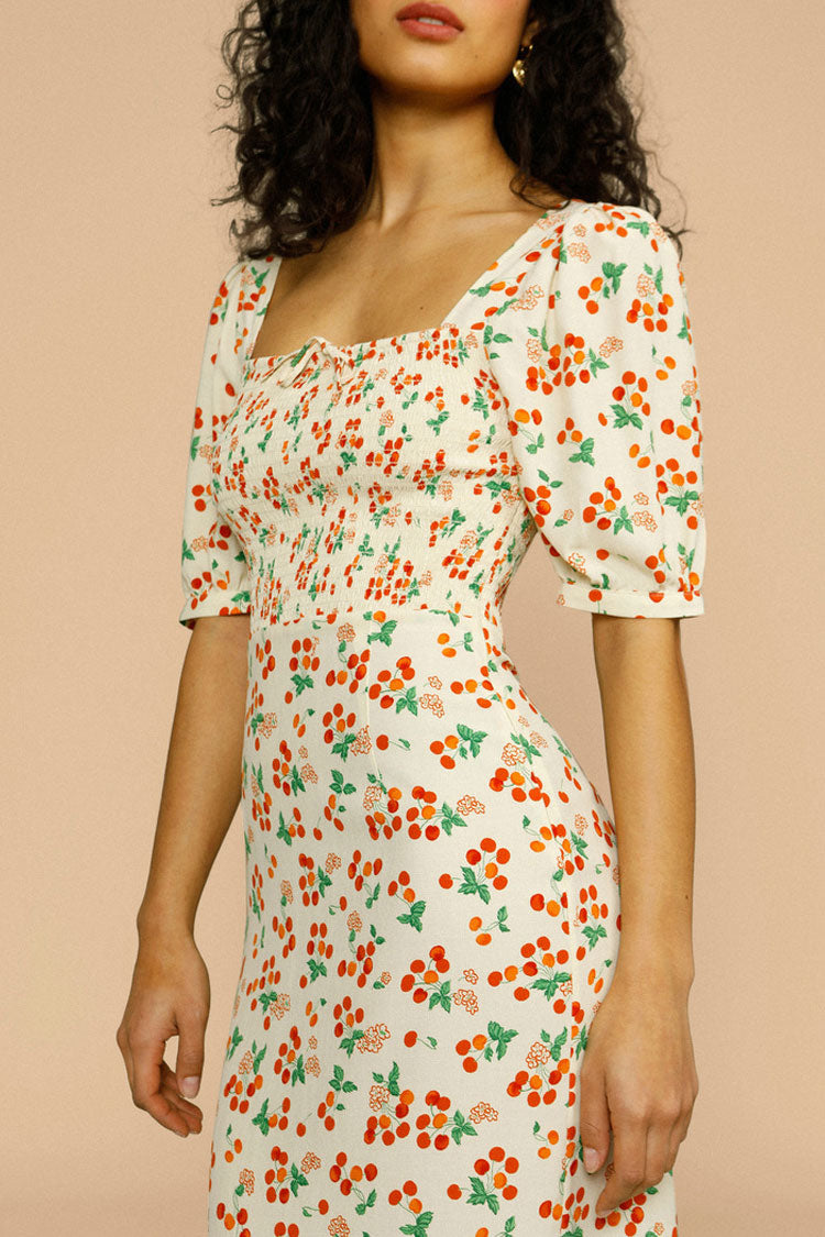 Classic Cherry Print Puff Sleeve French Printed Midi Dress - Cream