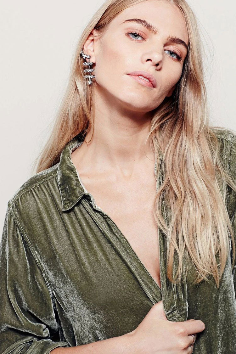 Timeless Collared V Neck Long Sleeve Velvet Mini Dress - Green