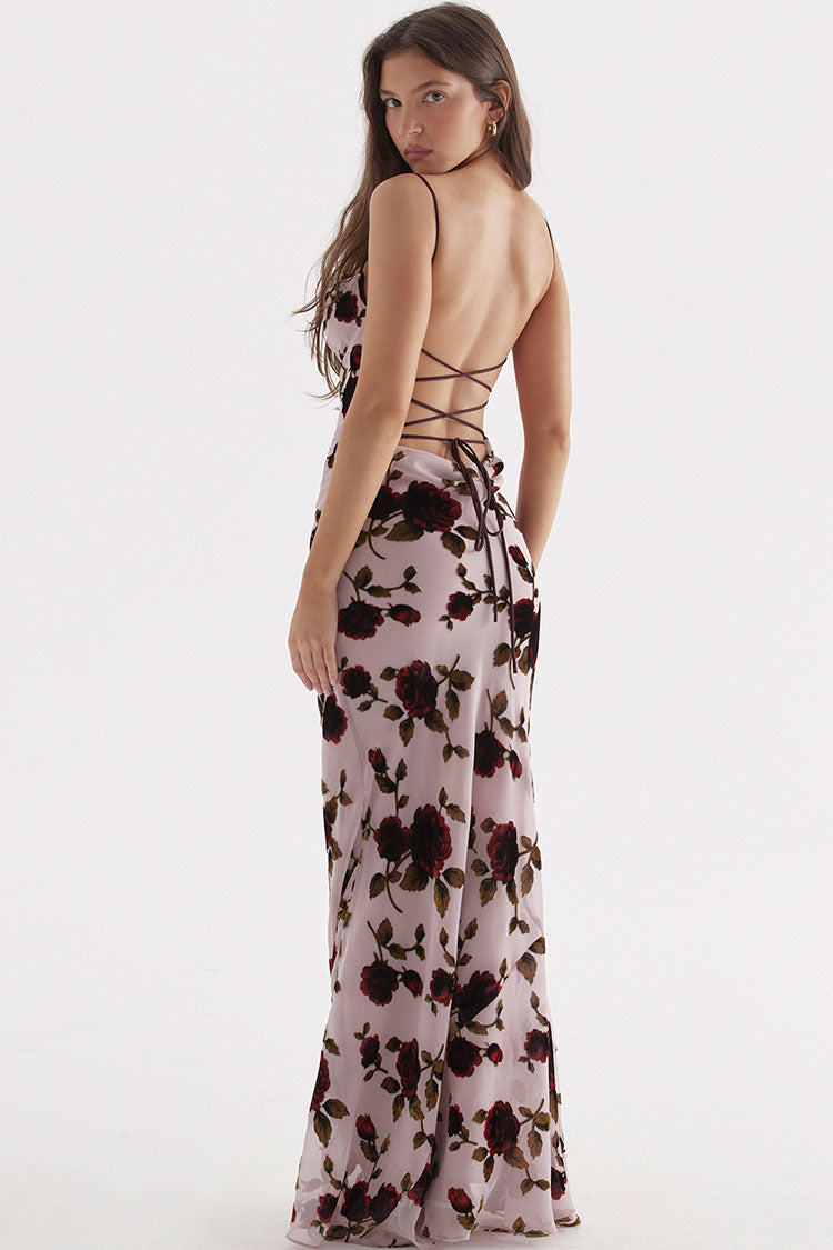 Retro Cowl Neck Printed Mesh Cami Backless Fishtail Slip Maxi Dress - Floral