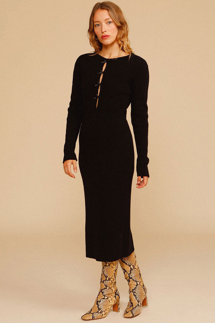 Classic Cutout Long Sleeve Winter Pullover Sweater Midi Dress - Black
