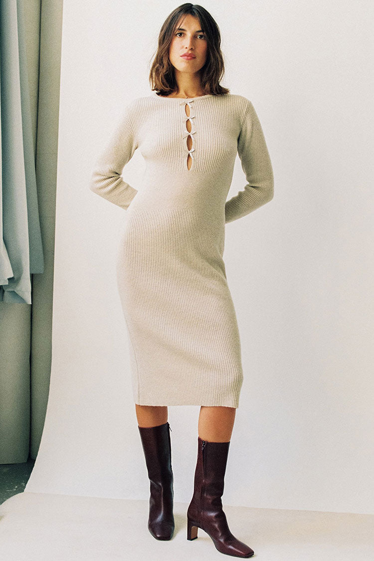 Classic Cutout Long Sleeve Winter Pullover Sweater Midi Dress - Beige