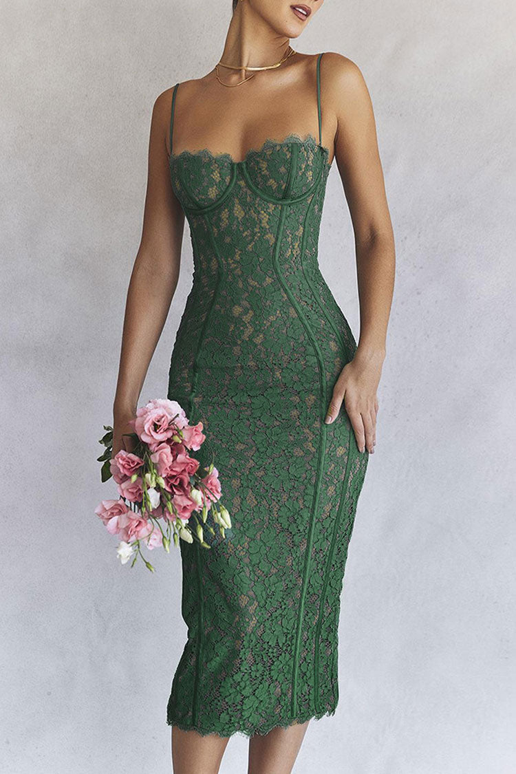 Classic Eyelash Sweetheart Bodycon Lace Cocktail Midi Dress - Green