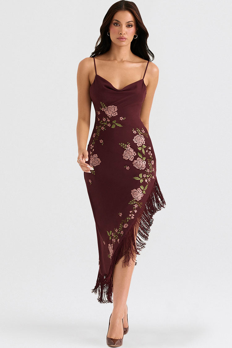 Vintage Bloom Embroidered Fringe Sleeveless Cocktail Party Midi Dress - Burgundy