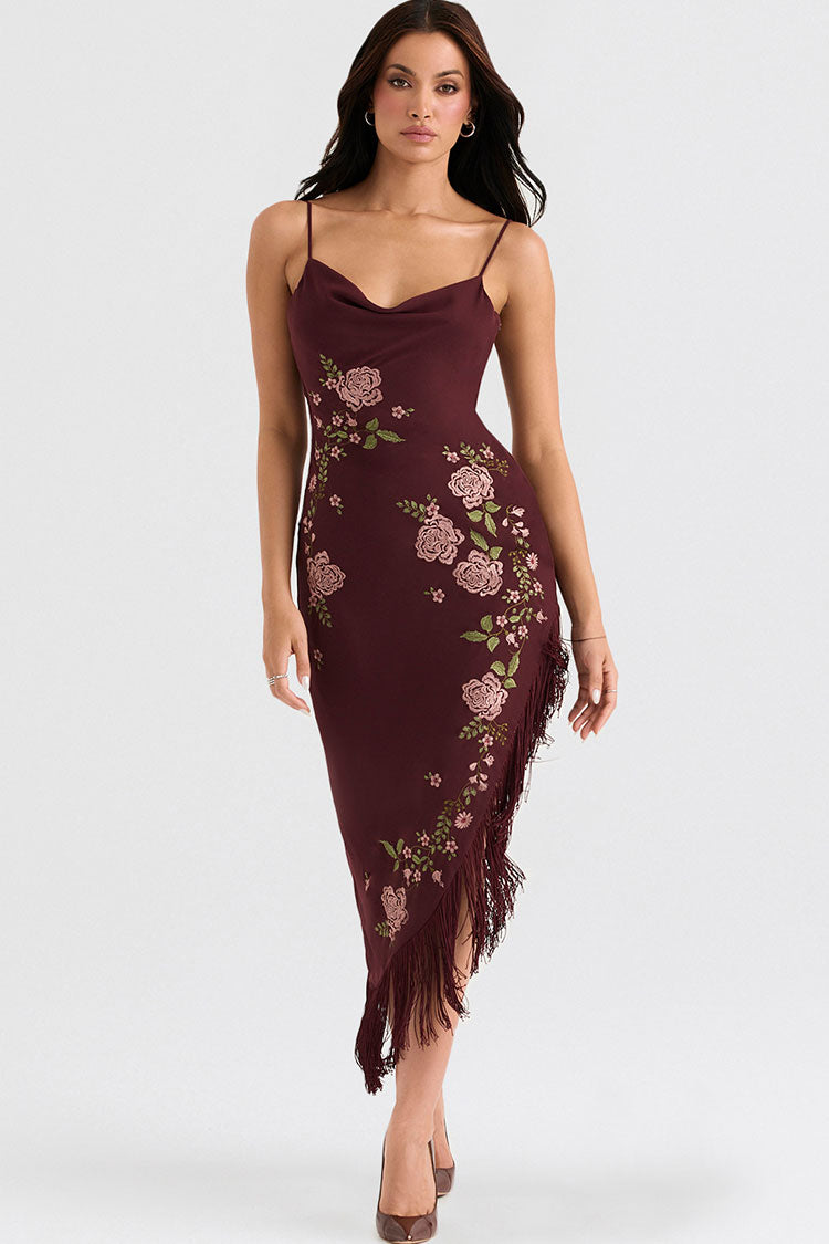 Vintage Bloom Embroidered Fringe Sleeveless Cocktail Party Midi Dress - Burgundy
