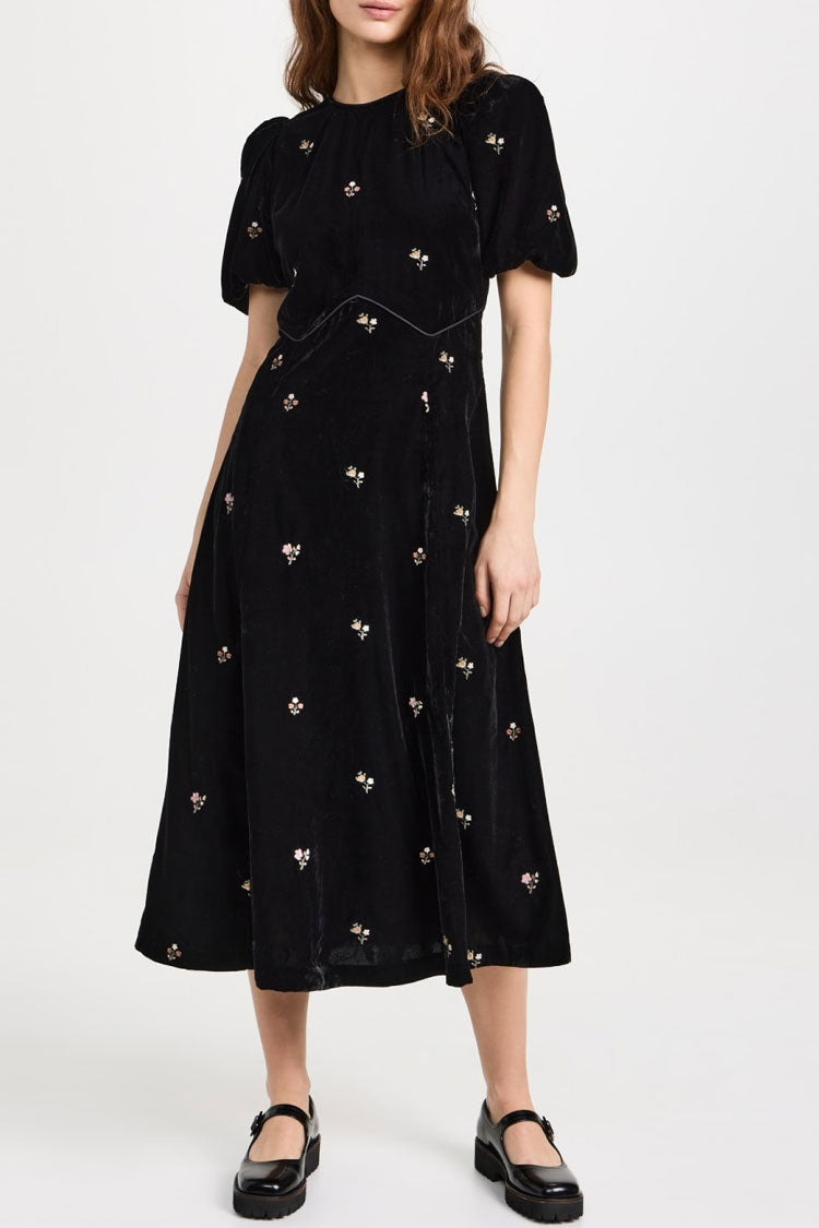 Vintage Bloom Embroidery Puff Sleeve A Line Velvet Midi Dress - Black
