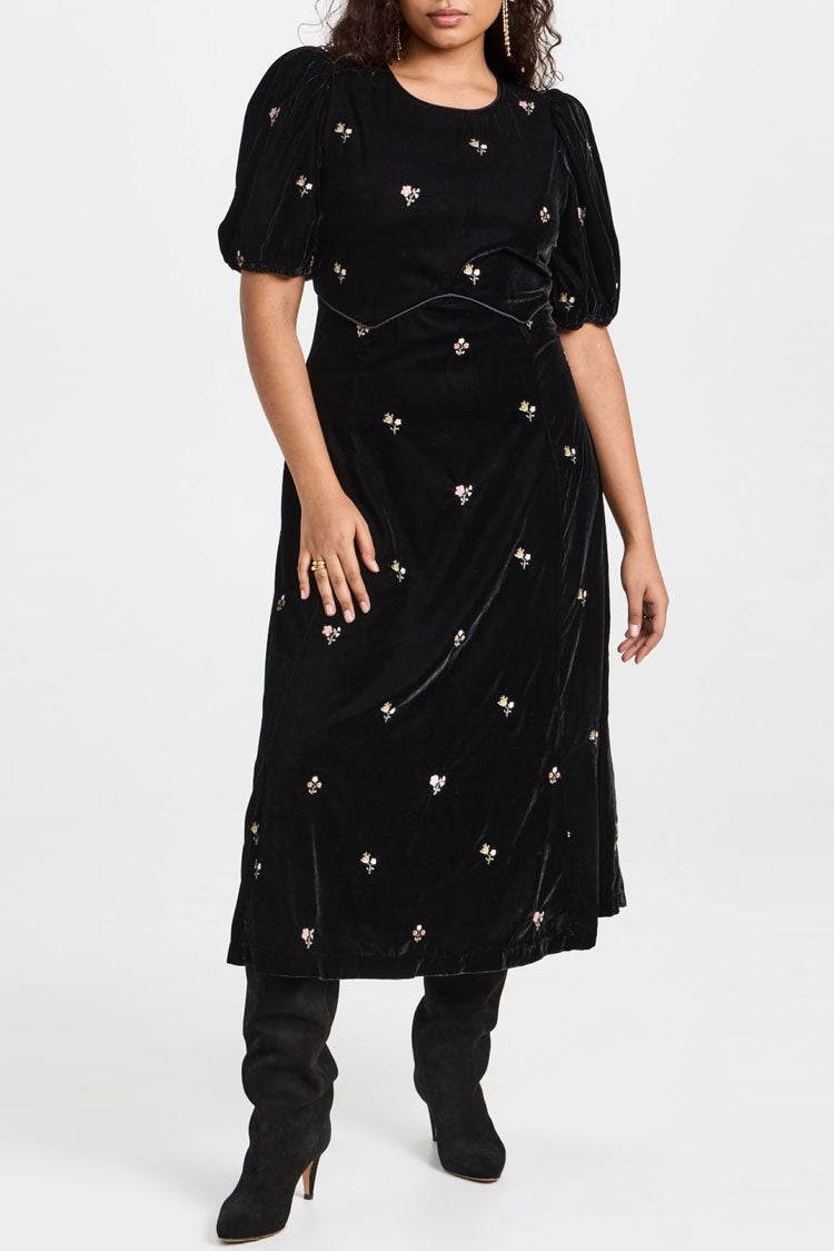 Vintage Bloom Embroidery Puff Sleeve A Line Velvet Midi Dress - Black