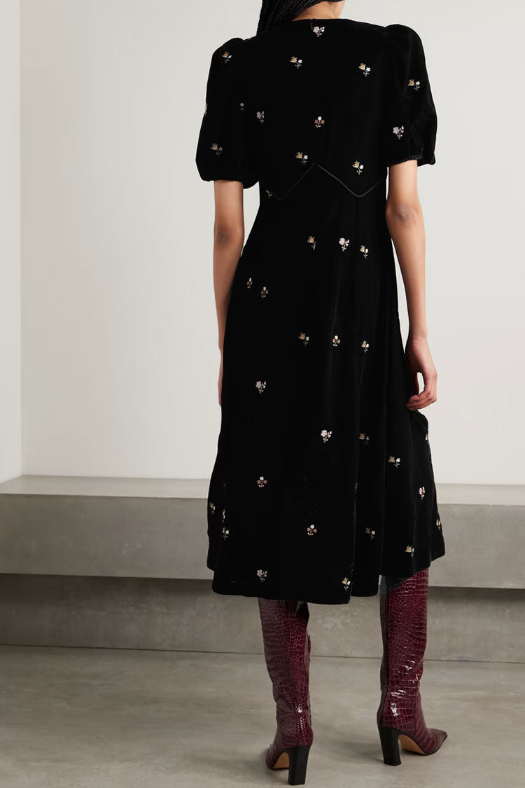 Vintage Bloom Embroidery Puff Sleeve A Line Velvet Midi Dress - Black