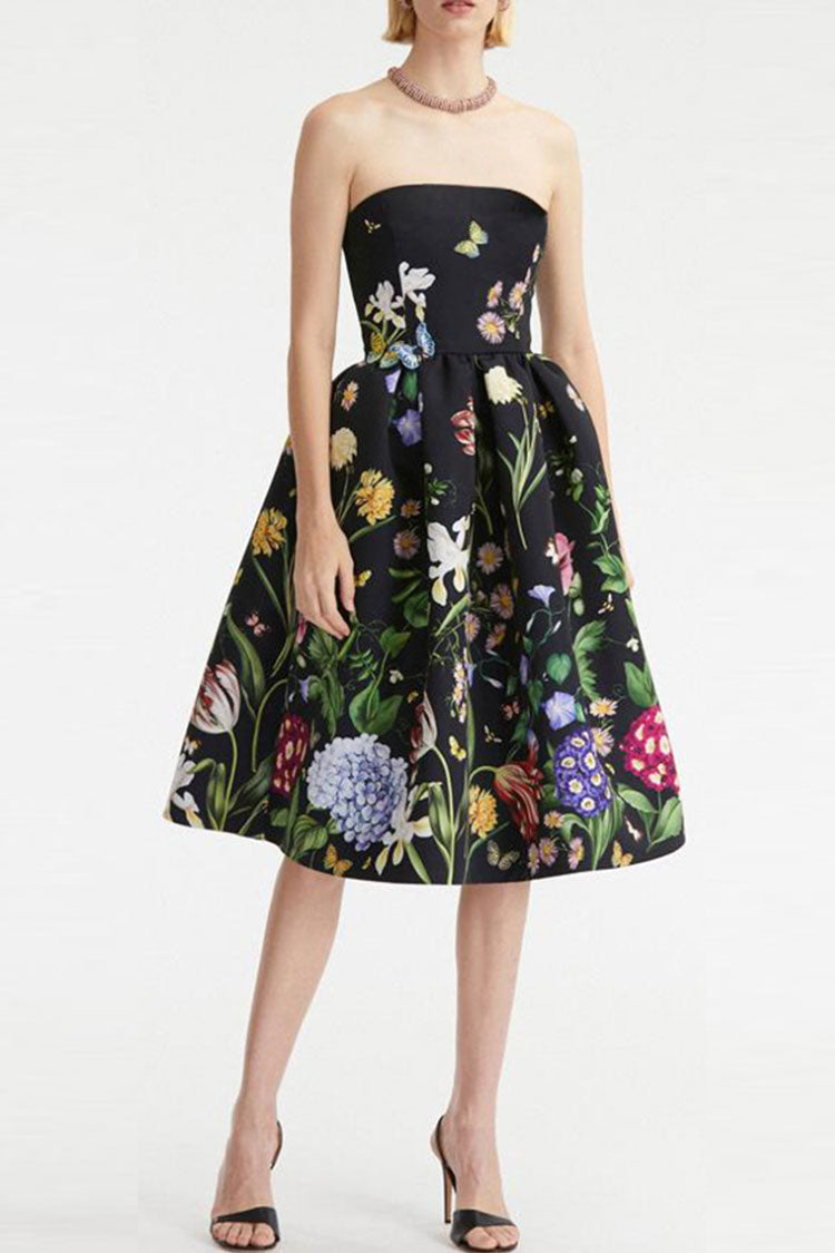 Vintage Bloom Printed Fit Flare Strapless Beach Vacation Midi Dress - Black