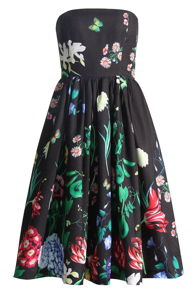 Vintage Bloom Printed Fit Flare Strapless Beach Vacation Midi Dress - Black