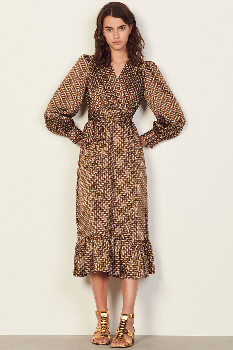 Vintage Bloom Printed Long Sleeve Ruffle Wrap Midi Dress - Coffee