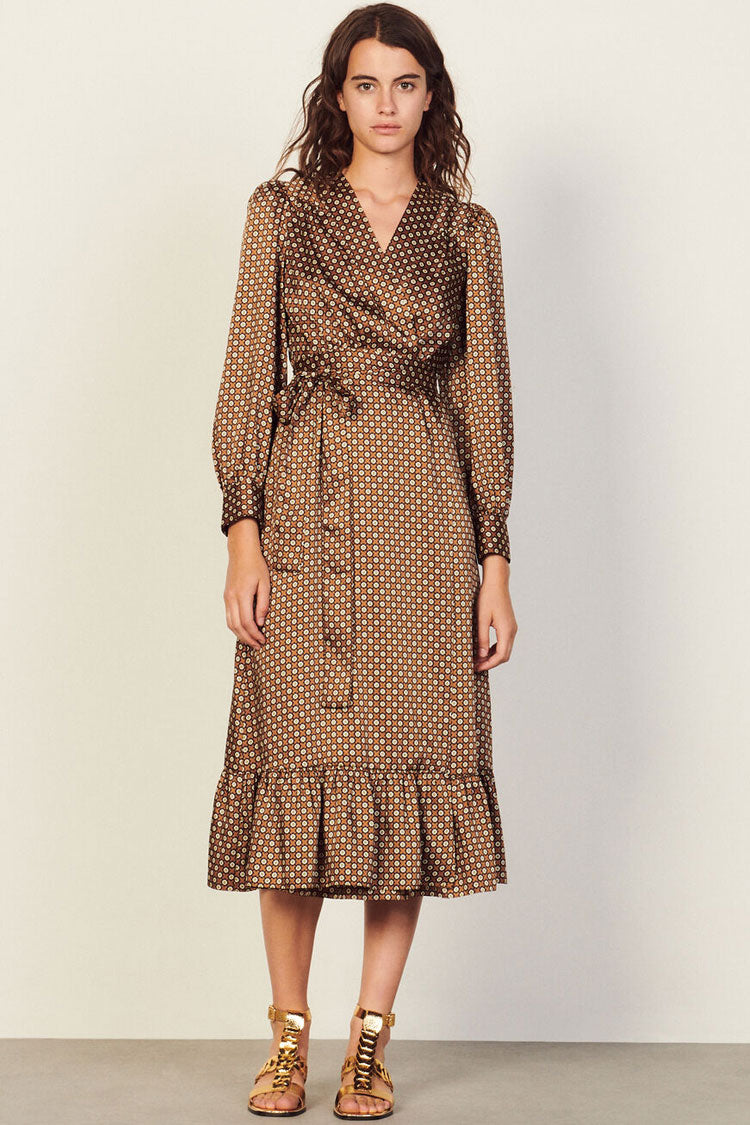 Vintage Bloom Printed Long Sleeve Ruffle Wrap Midi Dress - Coffee