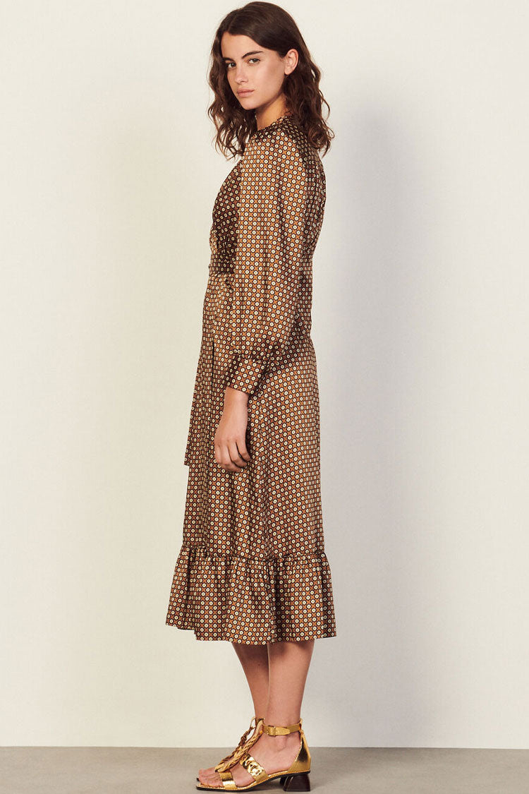 Vintage Bloom Printed Long Sleeve Ruffle Wrap Midi Dress - Coffee