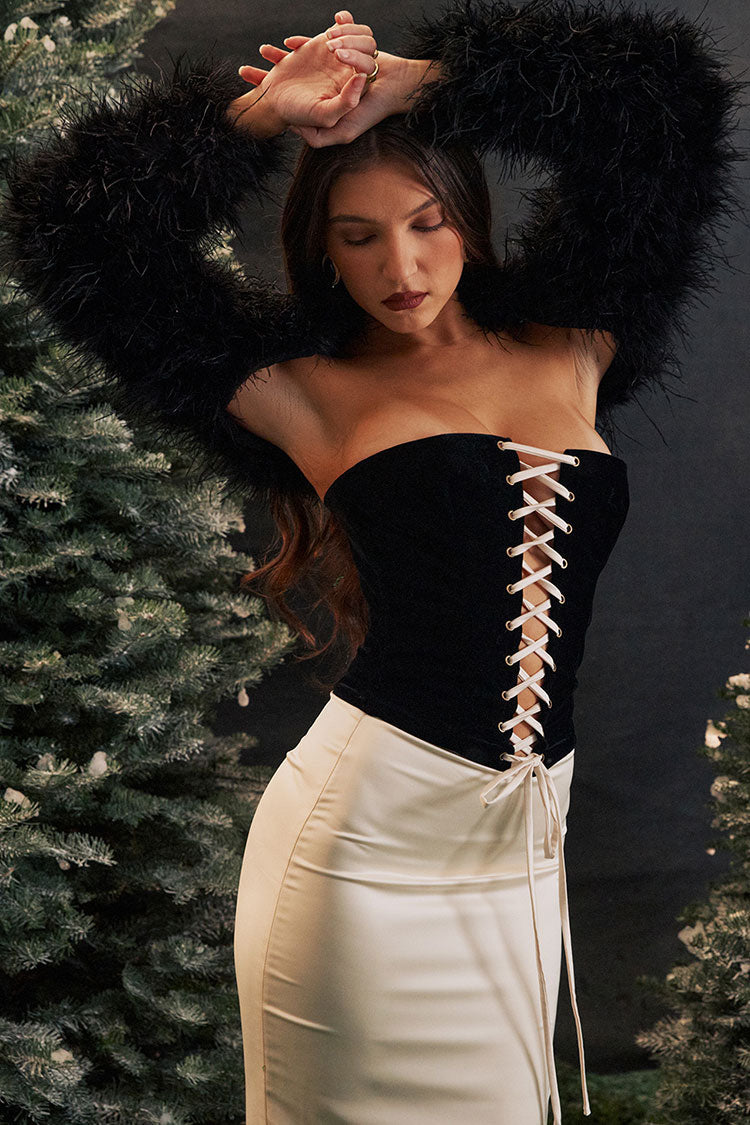 Classic Lace Up Corset High Waist Satin Skirt Two Piece Midi Dress - Cream