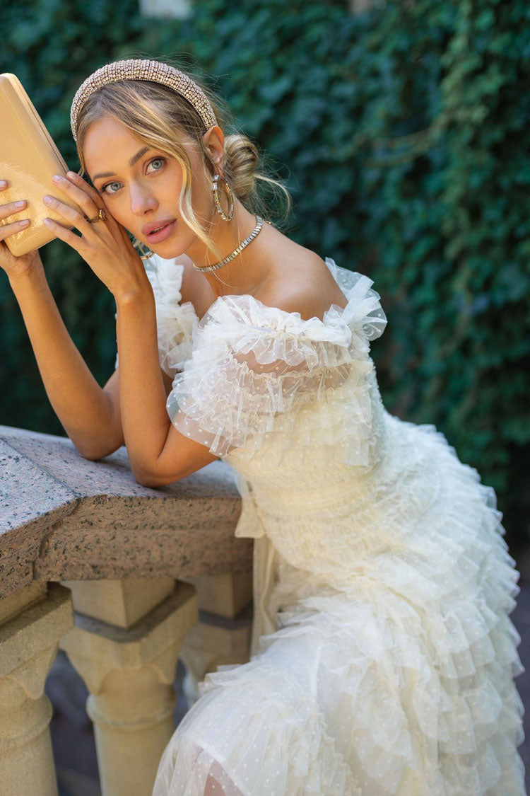 Classic Layered Ruffle Off Shoulder Dotted Tulle Cocktail Midi Dress - Apricot